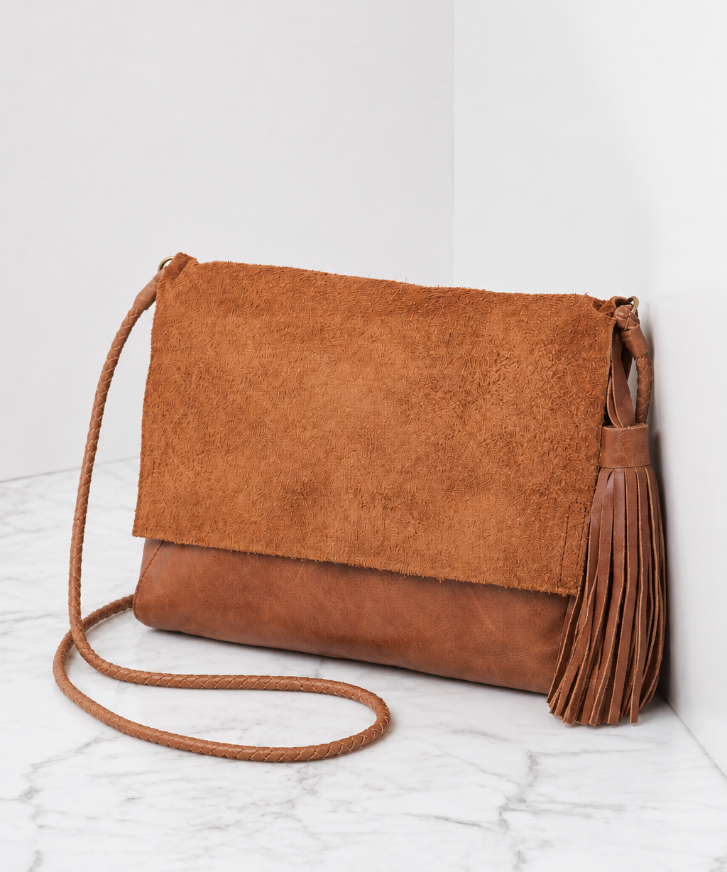 Perla Suede Leather Bag Walnut