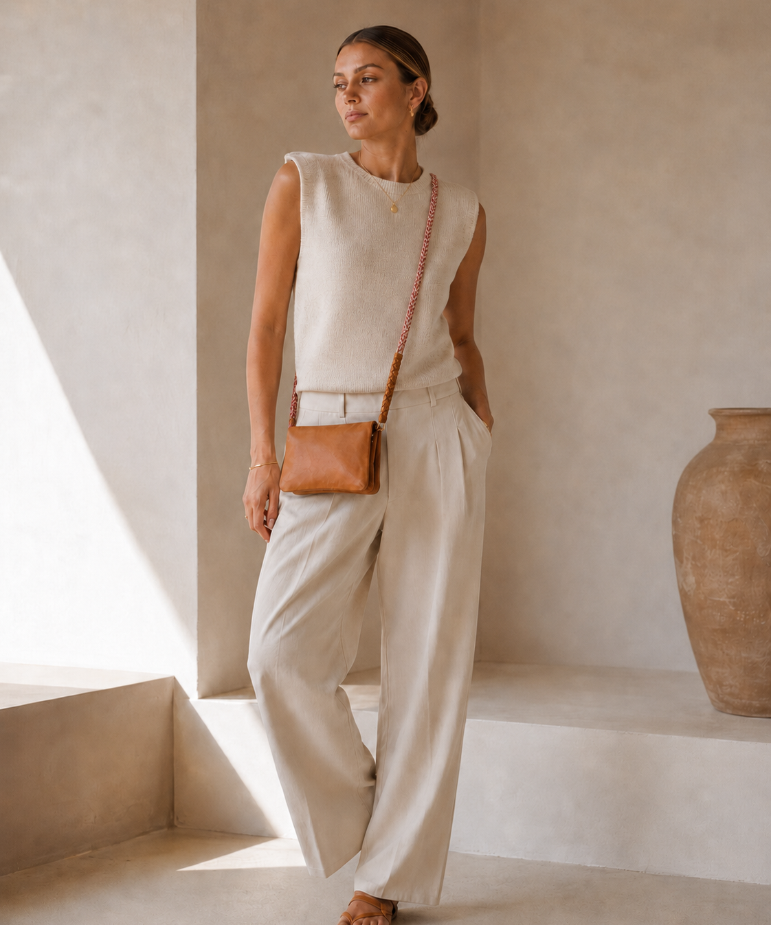 A woman stands in a minimalist beige interior wearing a sleeveless cream knit top and matching wide-leg trousers, with a small tan crossbody bag and flat sandals.