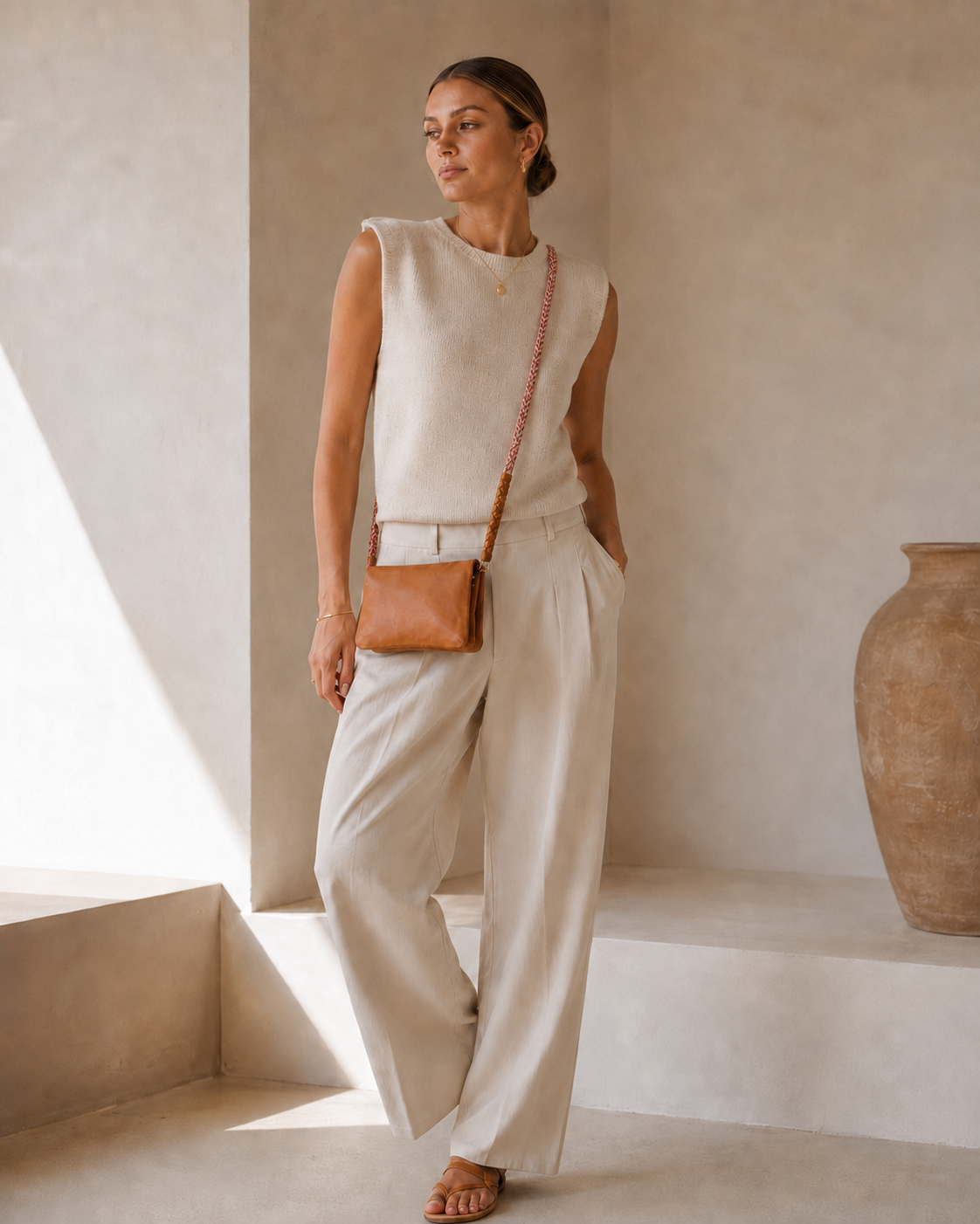 A woman stands in a minimalist beige interior wearing a sleeveless cream knit top and matching wide-leg trousers, with a small tan crossbody bag and flat sandals.