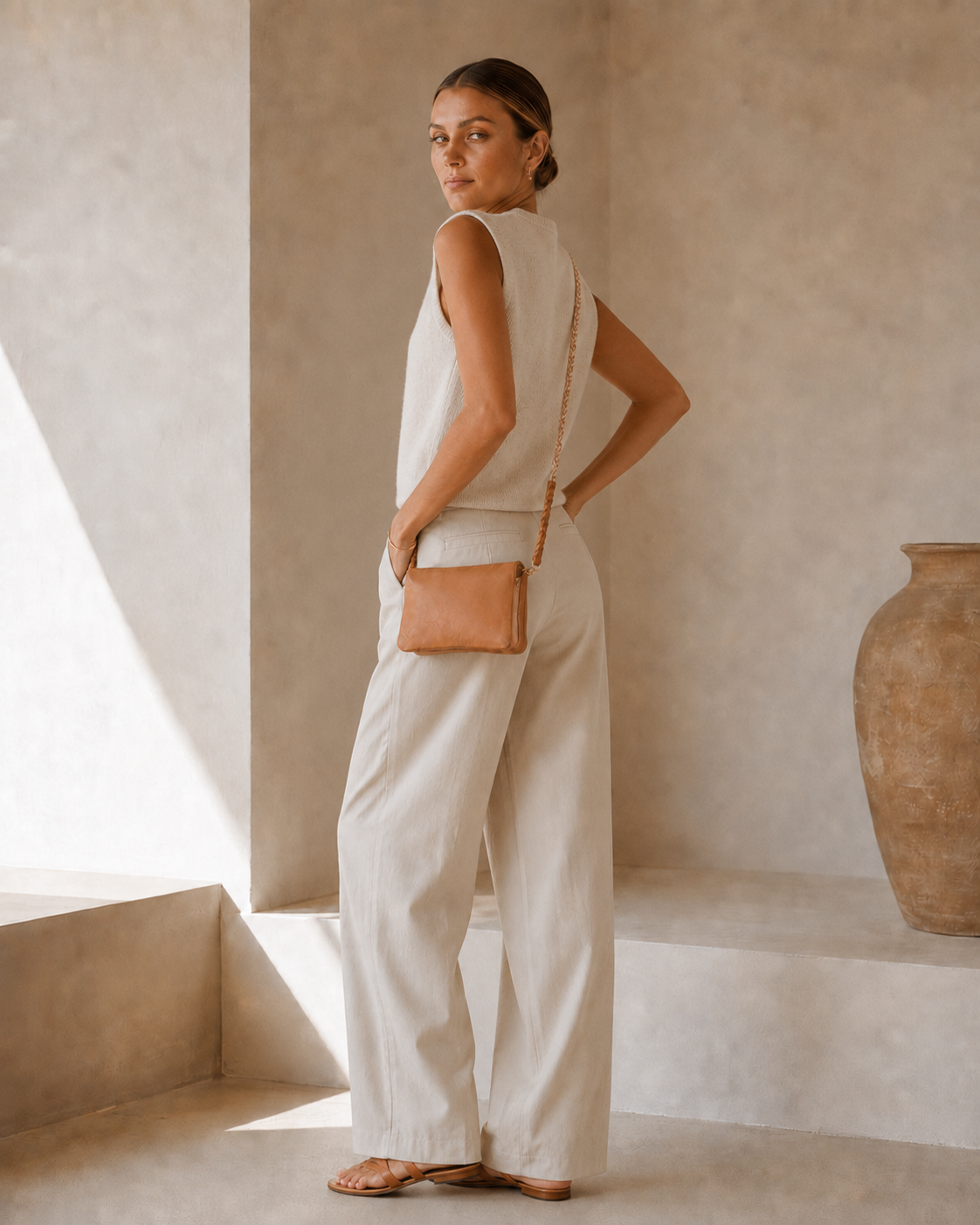 A woman stands in a minimalist beige interior wearing a sleeveless cream top and matching wide-leg pants, with a small tan crossbody bag and flat sandals.