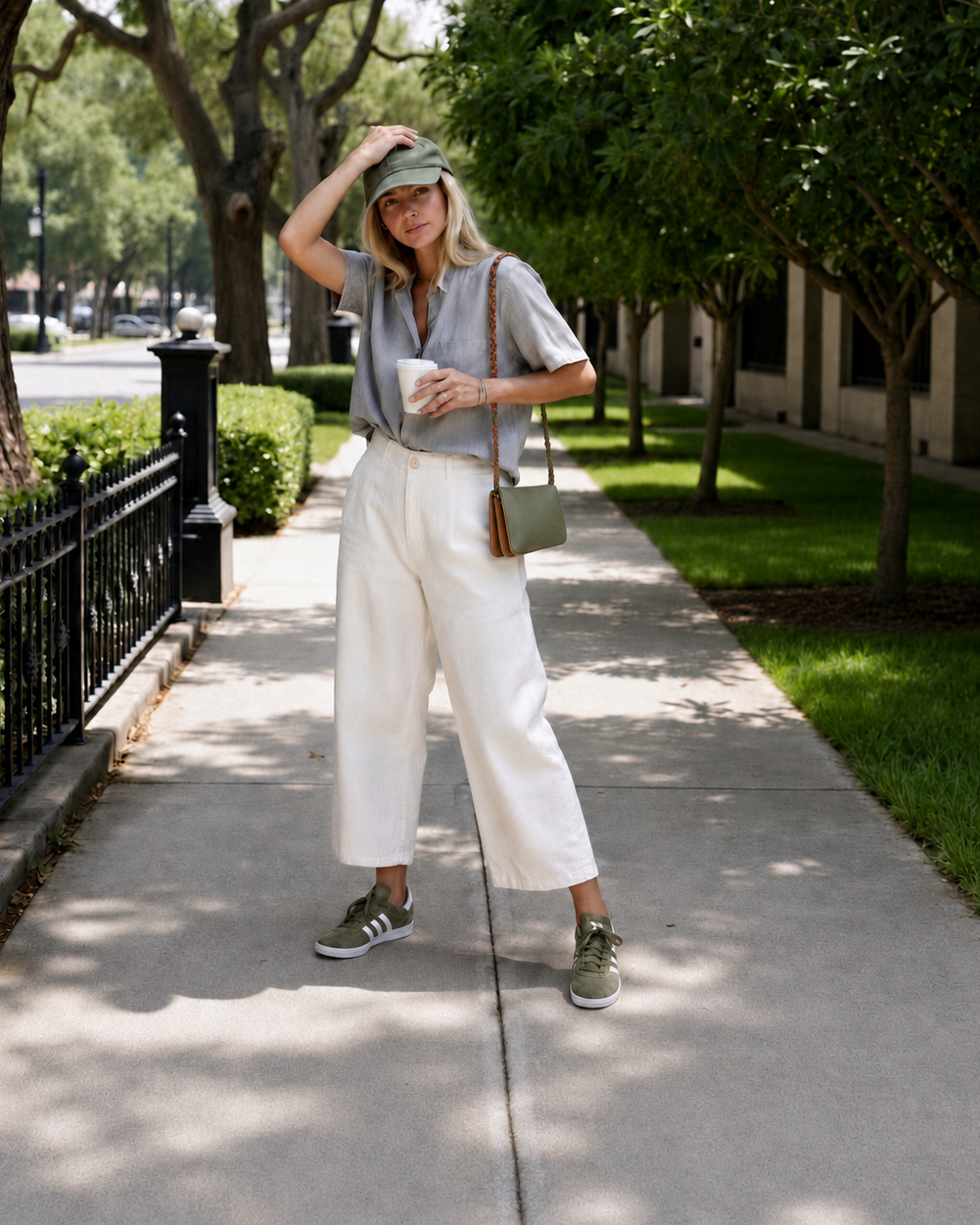 A woman stands on a tree-lined sidewalk wearing a light sage green short-sleeve button-up shirt, off-white cropped wide-leg pants, olive green sneakers, and carrying a small olive green shoulder bag.