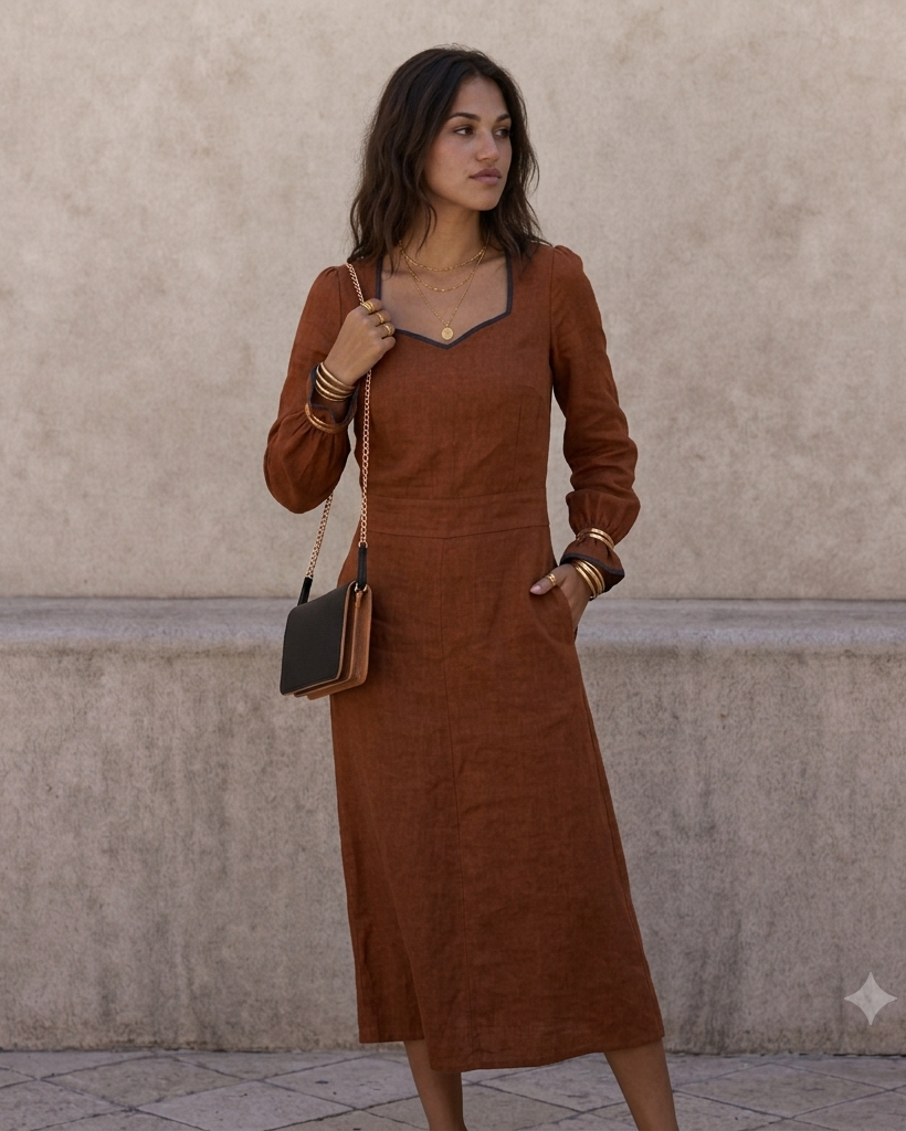 A woman wearing a rust-brown long-sleeve midi dress with a square neckline and black trim, standing against a textured beige wall. She is carrying a small black and brown shoulder bag.